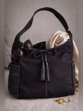 Givenchy Parfums Black Canvas & Leather Hobo Tote Bag Tassel Large Purse • Rare